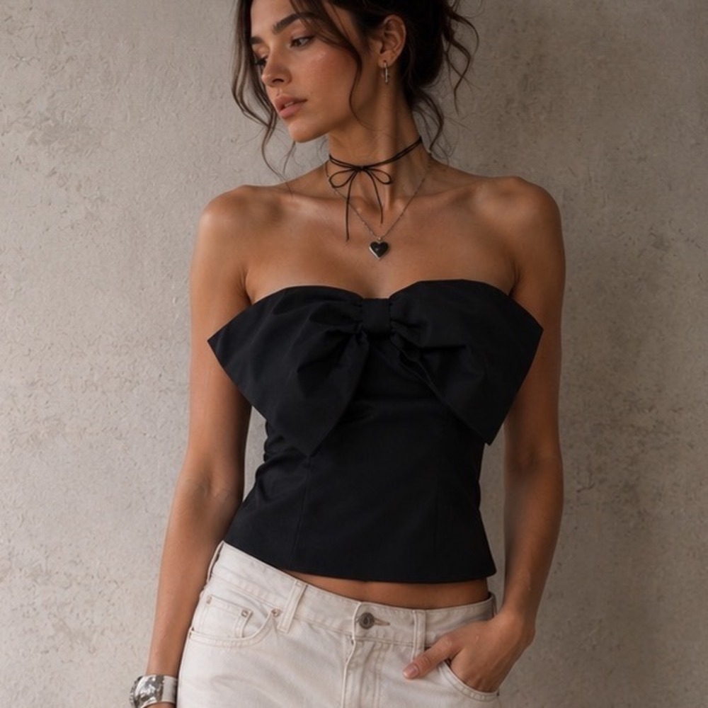 Express‎ Womens Black Strapless Oversized Bow Tube Top Size 2 NWT